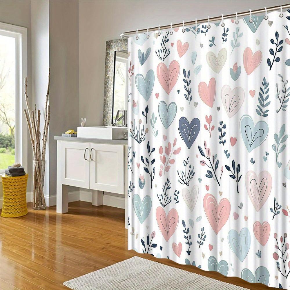 Akvarelový závěs do sprchy se srdíčky - Růžová, modrá a béžová srdíčka se stylizovanými listy na bílém pozadí, odolný polyester