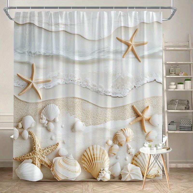 Beach Shower Curtain 180x180cm – Coastal Waves, Sandy Shore & Seashells in Neutral Tones, Ocean Bathroom Decor, 12 Hooks