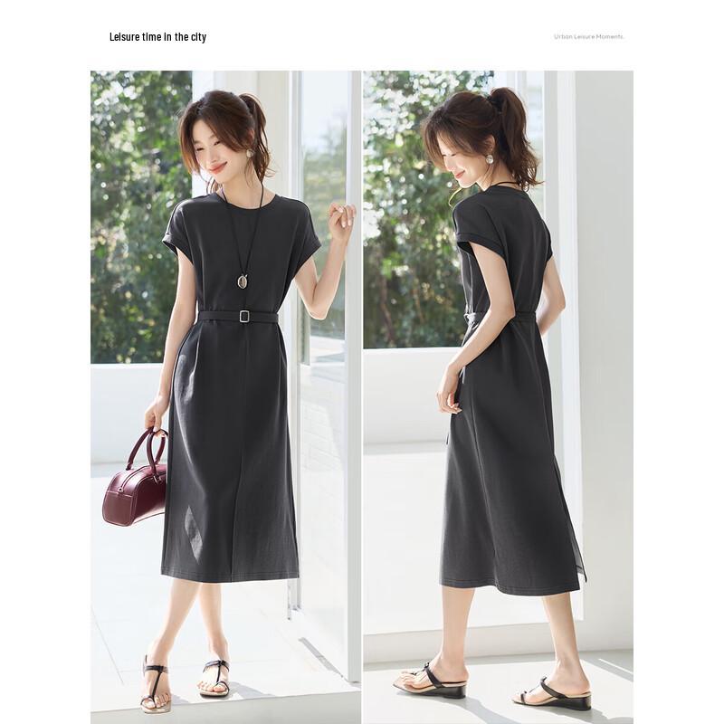 Relaxed Fit Crew Neck T-Shirt Maxi Dress with Slit & Belt