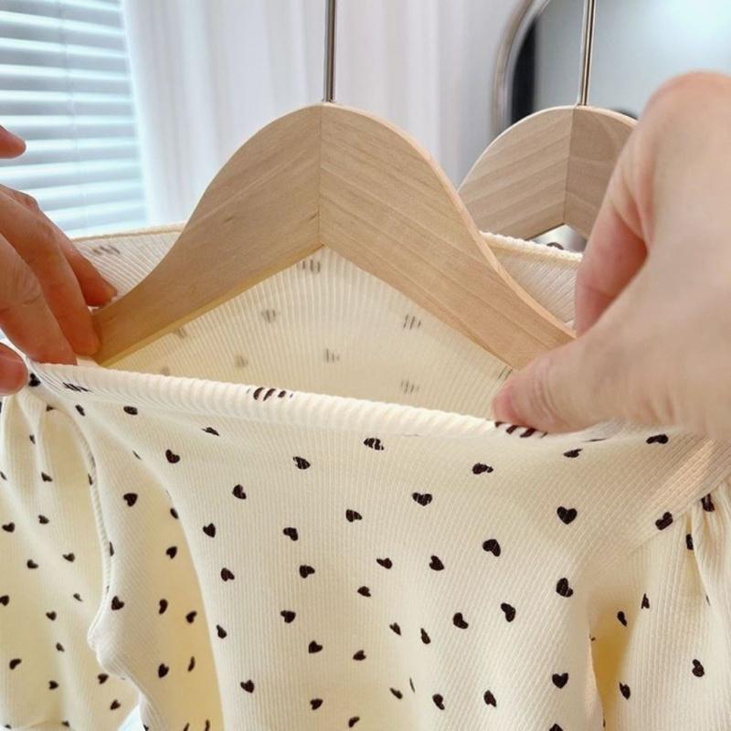 Baby Girl Long Sleeved Top Children's T-Shirt Puff Sleeve Heart-Shaped Printed Kids Top