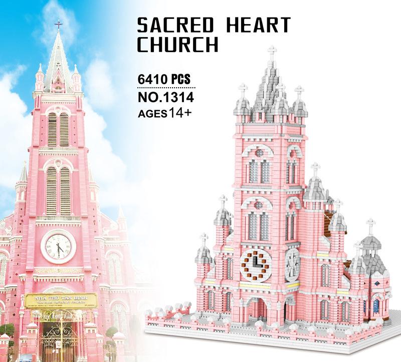 Creative Vietnam Pink Sacred Heart Church Of Jesus Building Brick Micro Diamond Block World Famous Architecture Nanobricks Toys