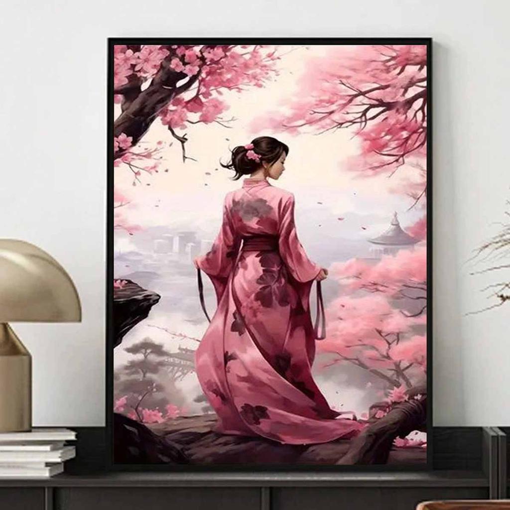 Diamond Painting Set DIY 5D Full Diamond Beautiful Oriental Girl in Cherry Blossom Landscape Crafts for Home Wall Decoration
