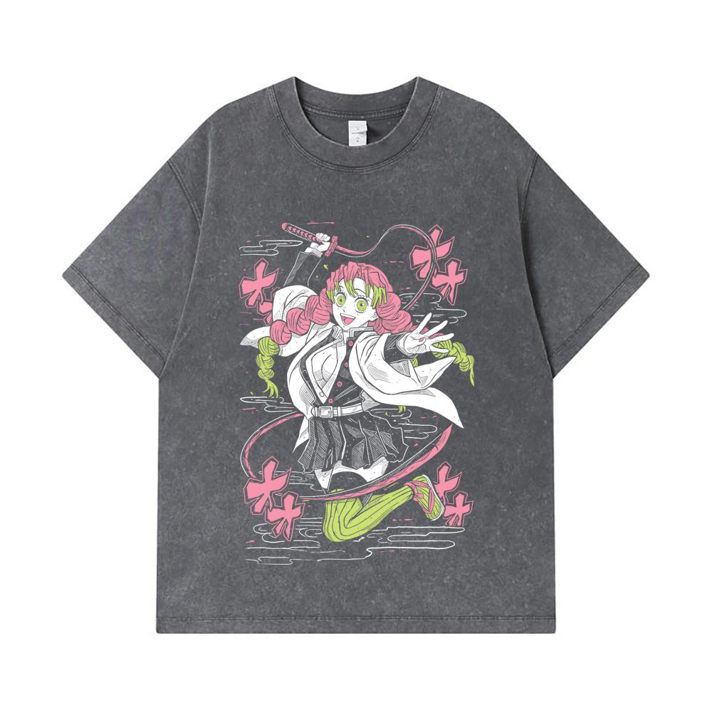 275 GSM Gewaschene T-Shirts 100% Baumwolle Demon Slayer V49 Mitsuri Aufdruck Unisex Schweres Baumwoll-T-Shirt
