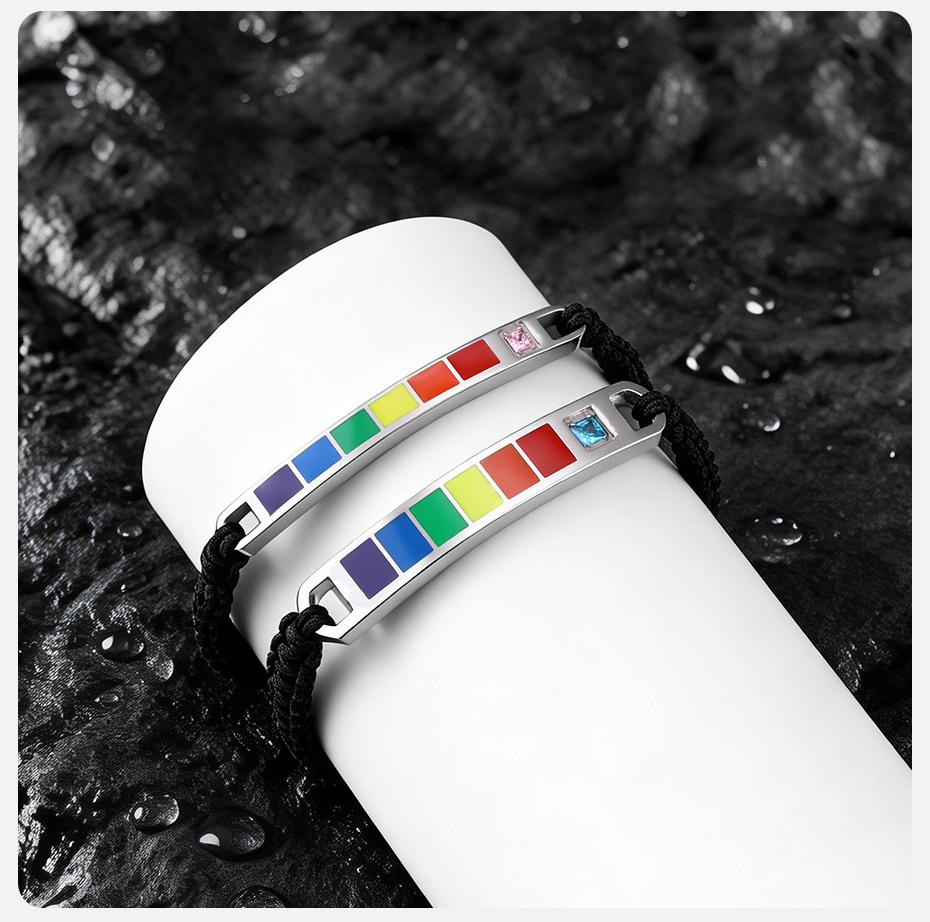 Vnox Rainbow Pride Adjustable Bracelet, Stainless Steel Bar with Zircon, Nylon Woven Bracelet for LGBTQ Gay Lesbian Jewelry Gift
