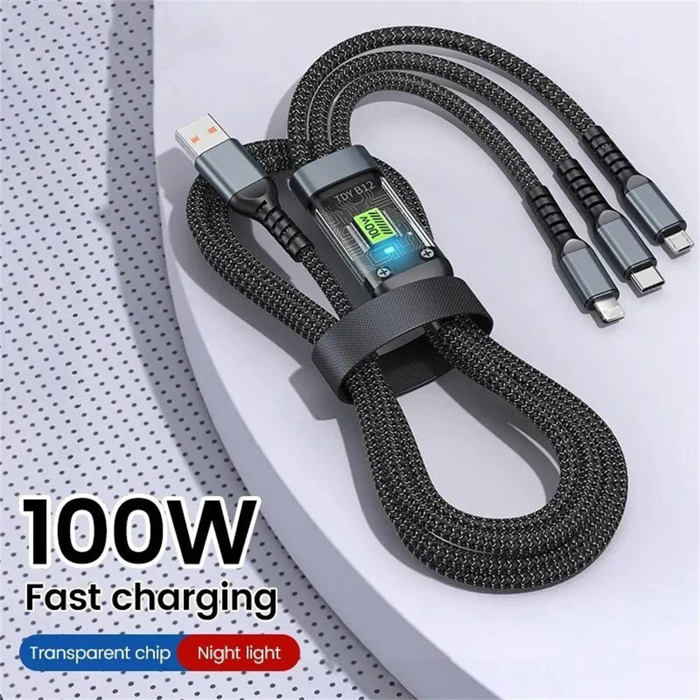 100W USB Cable 3 In 1 Fast Charging Charger Cable Accessories For iPhone Xiaomi Huawei Type C Charger Cable Multi Port Wire Line