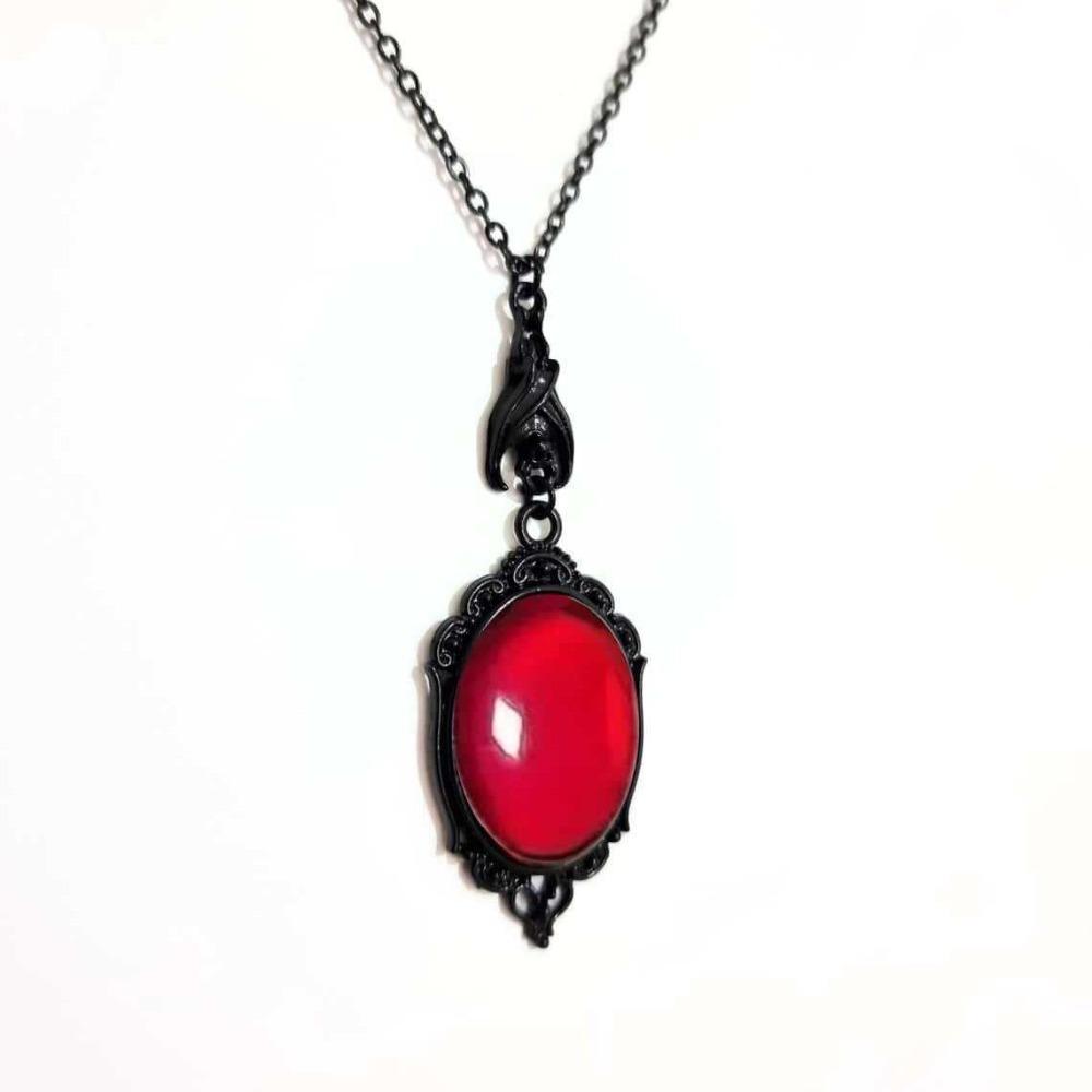 Gothic Vampire Bat Oval Red Gemstone Pendant Necklace for Women Men Halloween Party Witch Collar Chain Jewelry Accessories Gifts