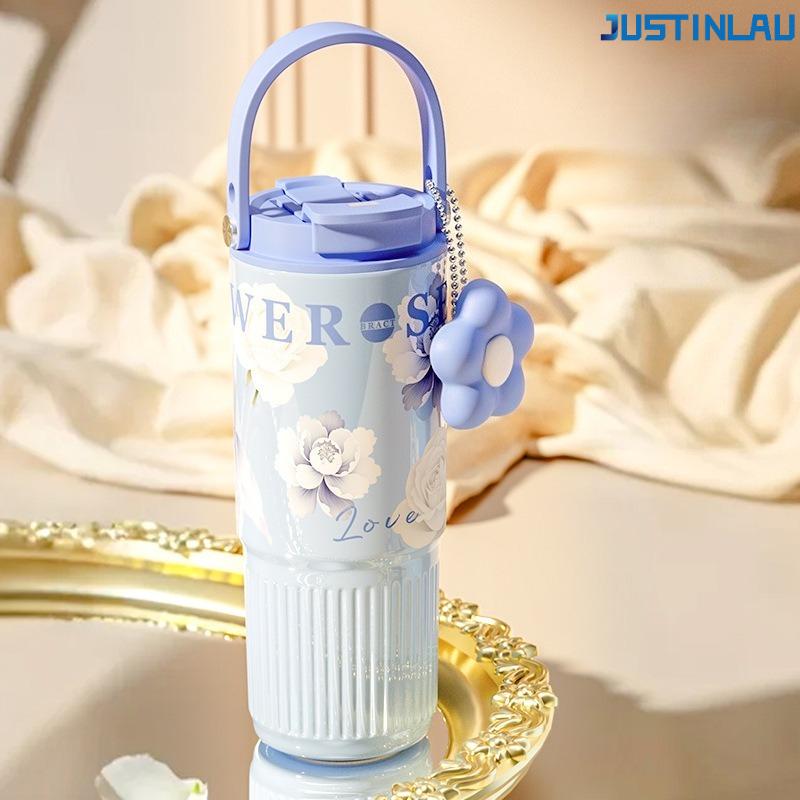 

860ML High Looks Large Capacity Straw Ice Cream Cup for Girls Stainless Steel Kettle High-value Gift Cup Water Bottle 860ML синий