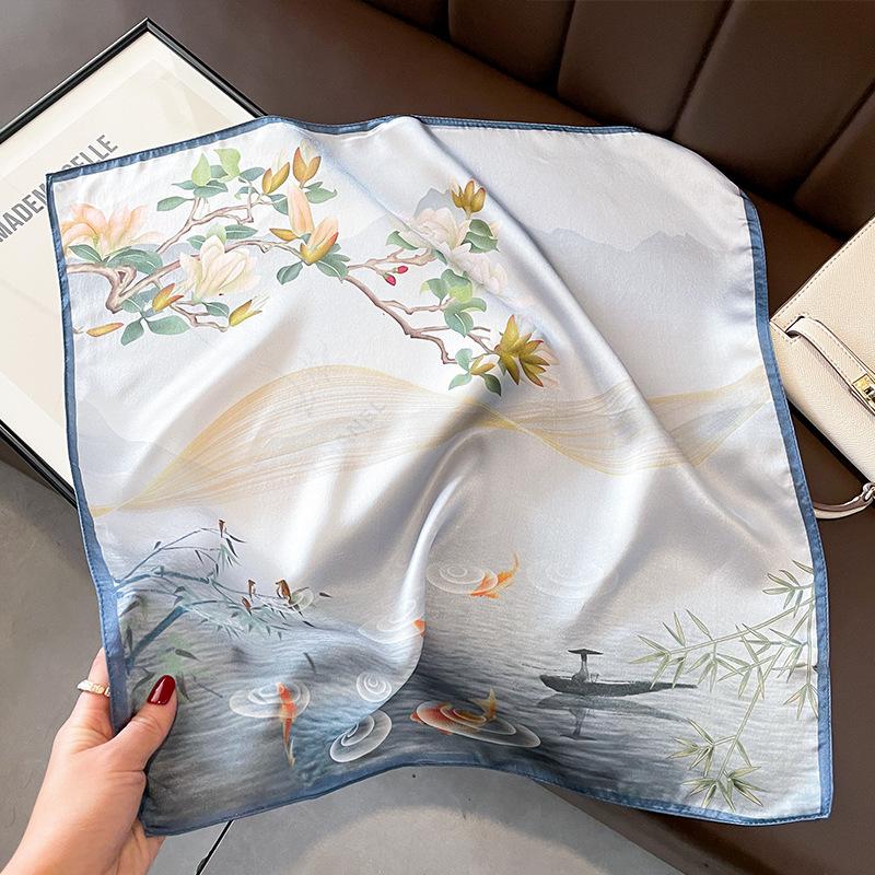 Flower 100% Silk Square Scarf Women Satin Shawl Wrap Hijab Female Hair Band Wrist Luxury Headkerchief Echarpe  Bandana