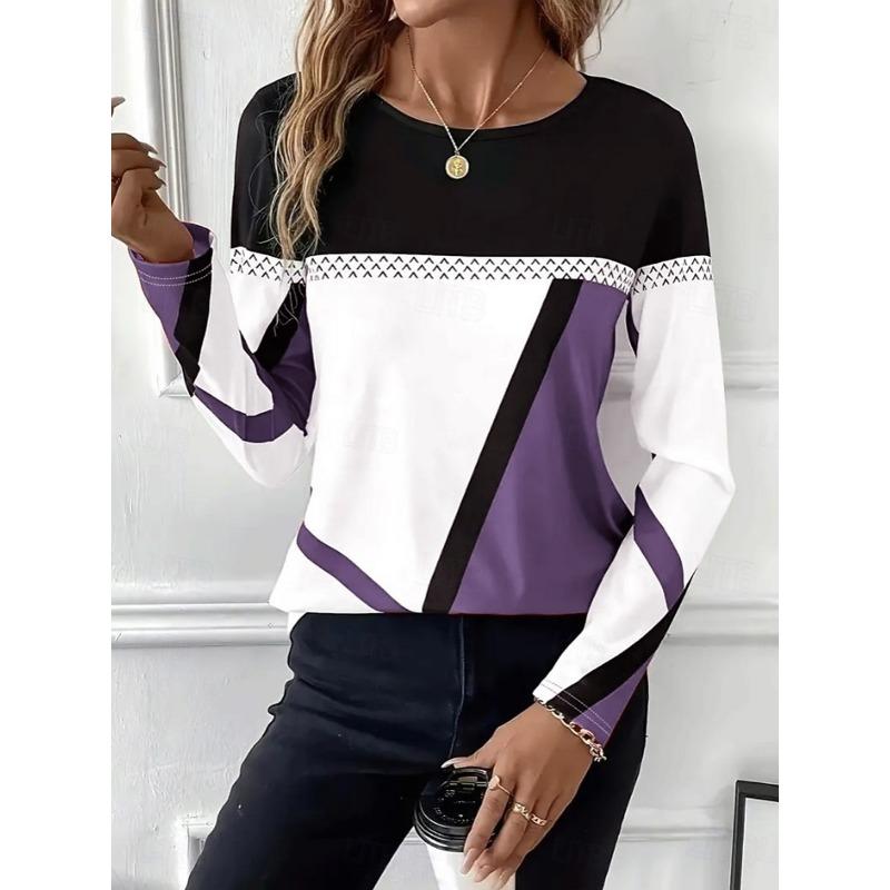 Women's T shirt Long Sleeve Crew Neck Graphic Plaid Classic Round Neck Regular Tops