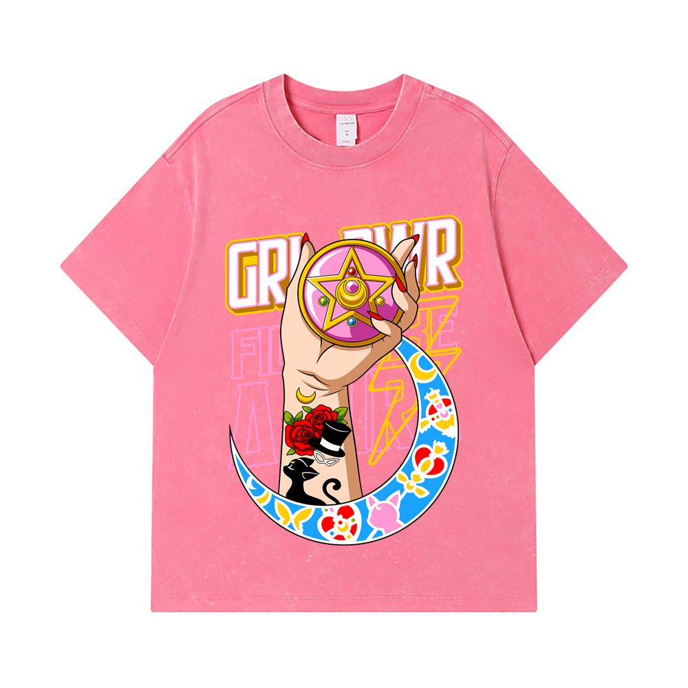 275 GSM Washed T-shirts 100% Cotton Sailor Moon V12 Girl Power Print Unisex Heavy Cotton T Shirt