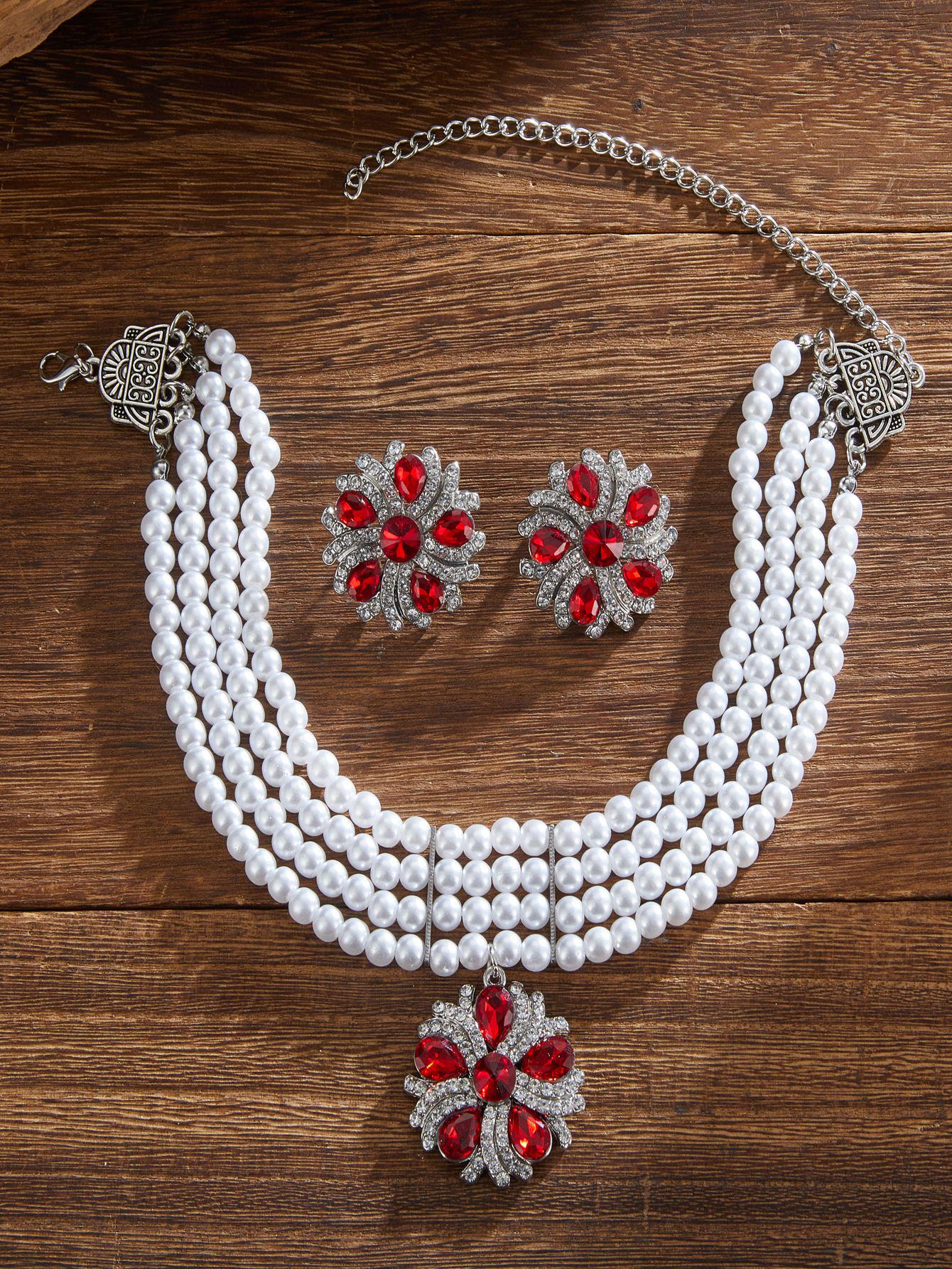 European & American Retro Ethnic Multi-layer Pearl Oval Necklace & Earrings Set кирпич красный