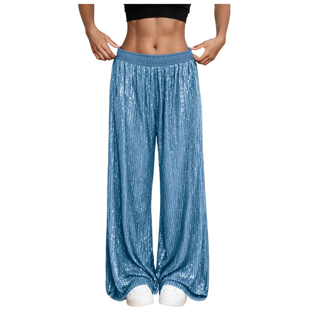Women's Summer High-Waisted Sequin Wide-Leg Pants: Casual, Lightweight, Breathable, Slimming, Flowing, Solid Color