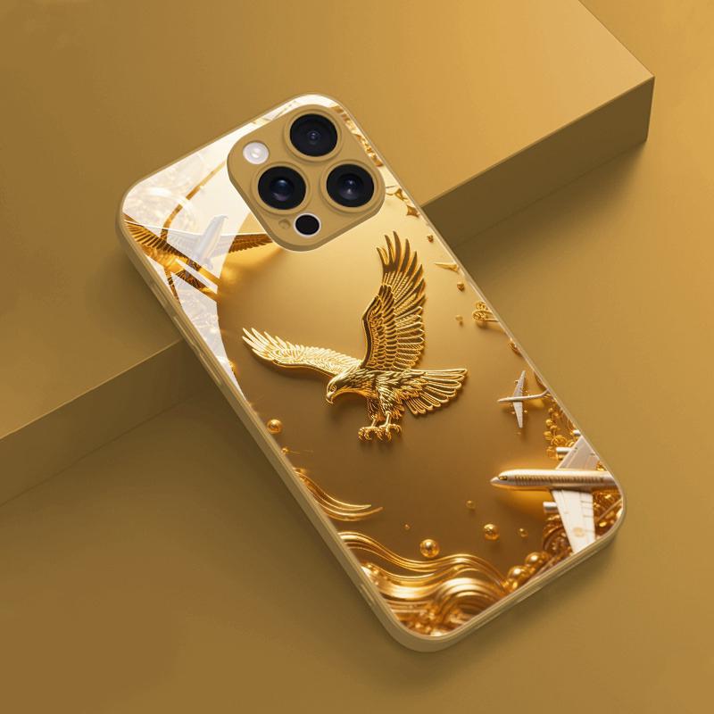 Golden Eagle Pattern Gold Metallic Paint Glass Phone Case For iPhone 17 16 15 14 13 12 11 Pro Max 15 14 Plus 17Air 16E Cover