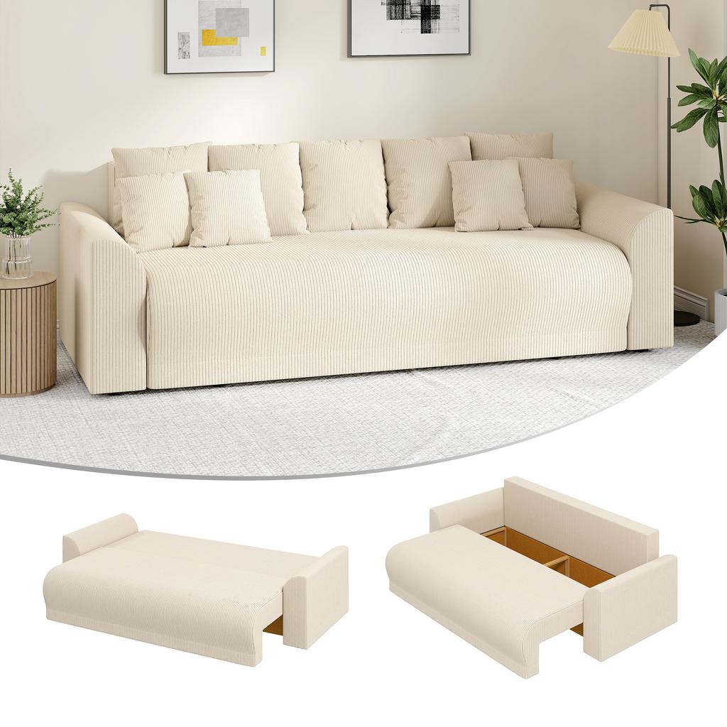 Sleeper Sofa 230 Cm 3-Seater Sofa with Sleep Function, Cushions, Storage, Corduroy Look for Living Room, Beige