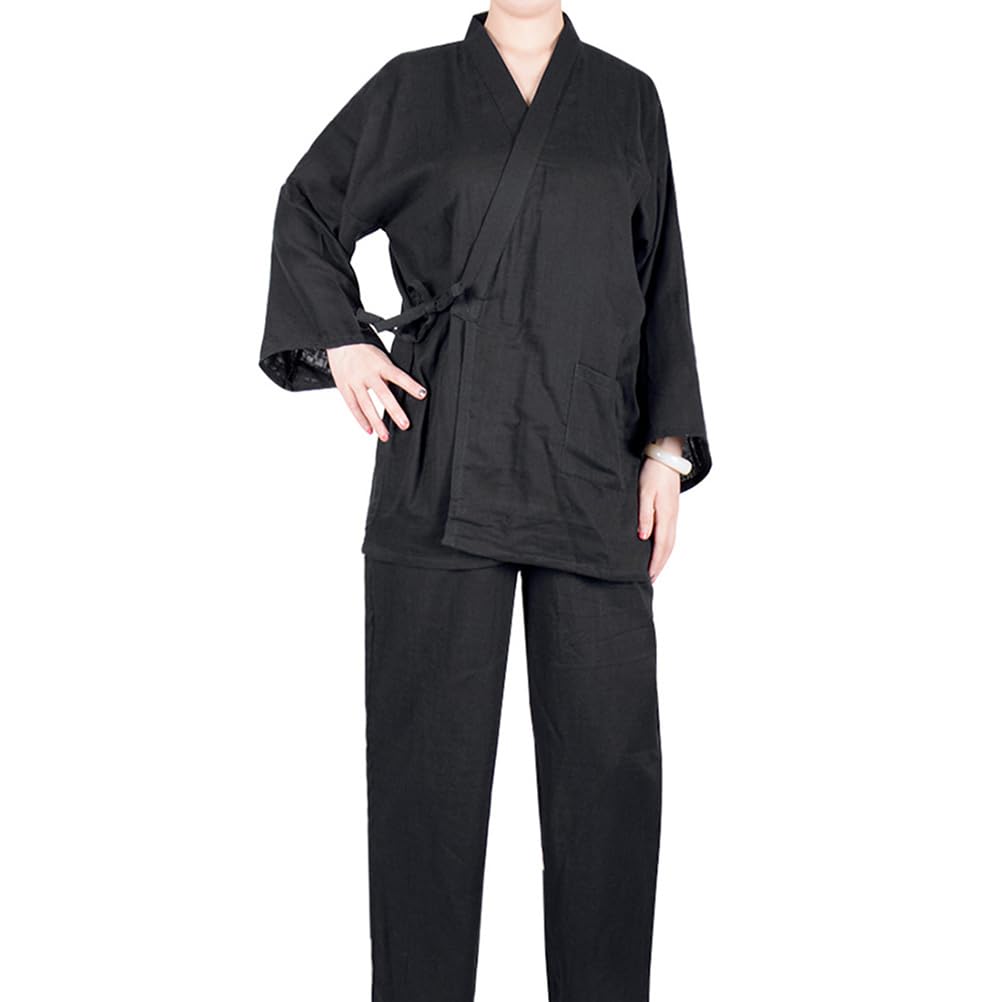 Men's Three-Quarter Sleeve Samue Kimono, Cotton and Linen, Japanese Style Pajama Set with Pockets, Perfect for Work or Loungewear, Summer Kimono (Blac