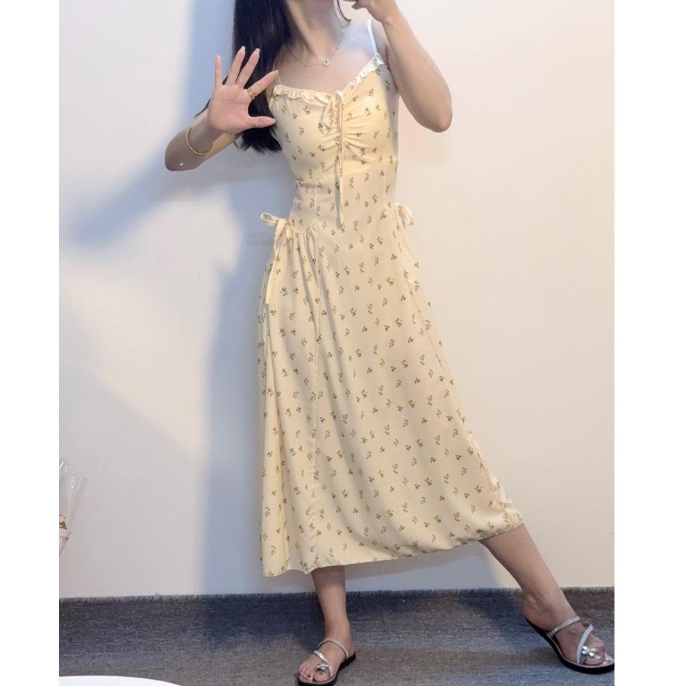 Women's Summer New Atmosphere Commuting Temperament Long Skirt French Yellow Floral Skirt Small Suspender Dress