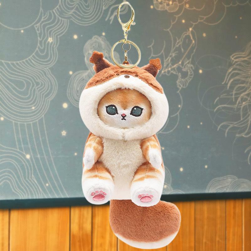 Cute Cartoon Plush Keychain Cross Dressing Raccoon Shark Cat Women Bag Backpack Pendant Plush Toy Doll Girl Key Chain Pendant