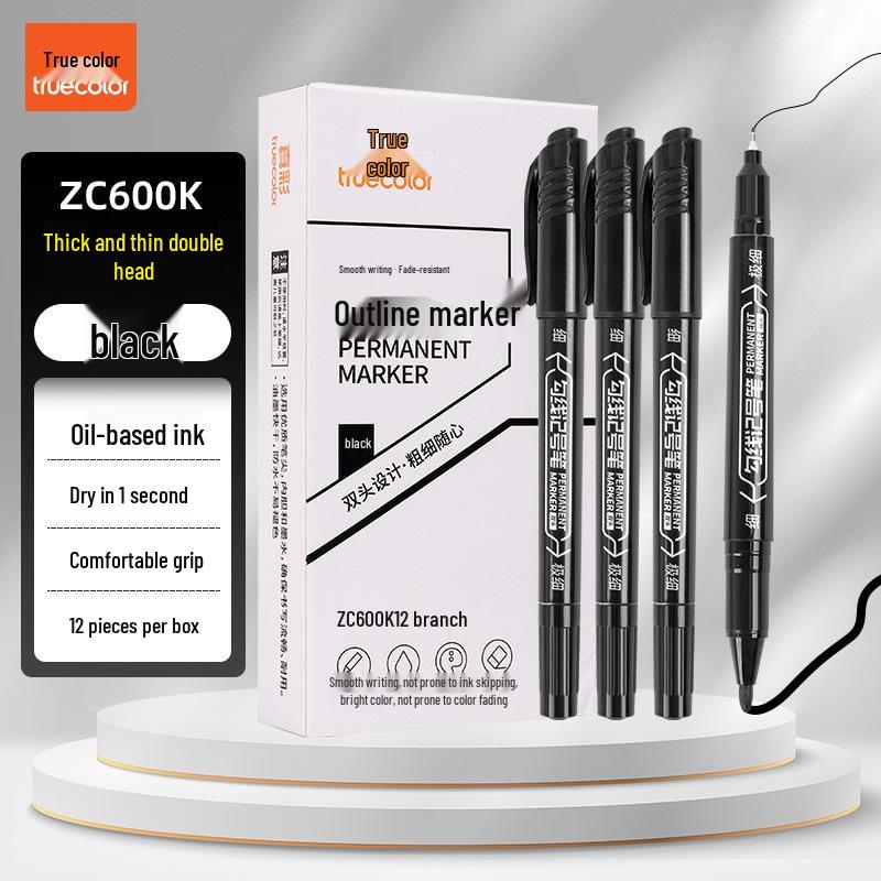 True Color Dual-Head Quick-Dry Fine-Tip Marker for Kids - Black, Waterproof, Oil-Based
