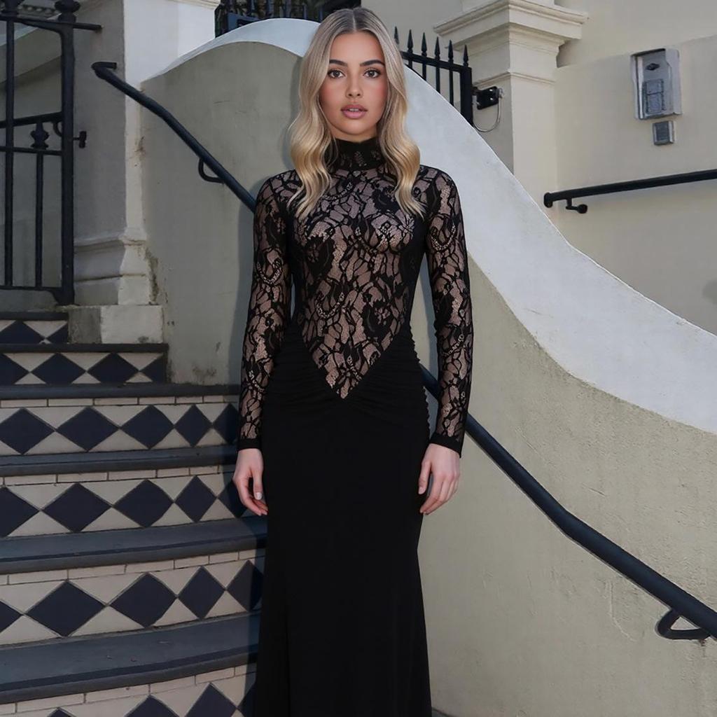 2026 Spring European & American Semi-High Neck Lace Slim Fit Dress
