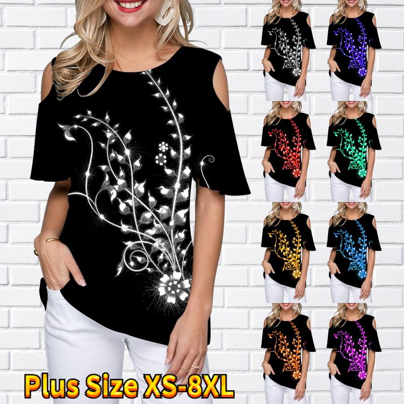 

Женская летняя элегантная футболка с круглым вырезом и открытыми плечами, футболка с короткими рукавами, пуловер в стиле ретро, ​​новый дизайн, одежда с принтом XS-8XL