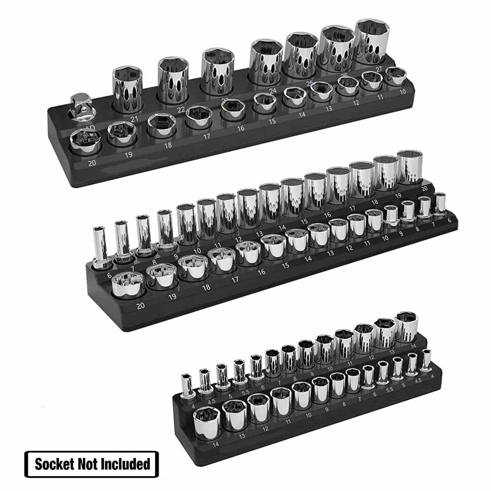 Professional 3Pieces Magnetic Socket Holder 1/4" 3/8" 1/2" Inch Drive Metric/SAE Socket Organizer Storage Installation Tools Kit