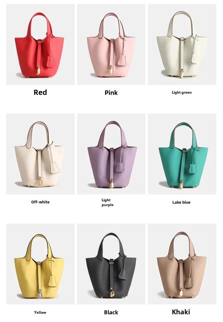 2025 Large Capacity Genuine Leather Commuter Handbag - Lychee Pattern Cowhide Bucket Bag