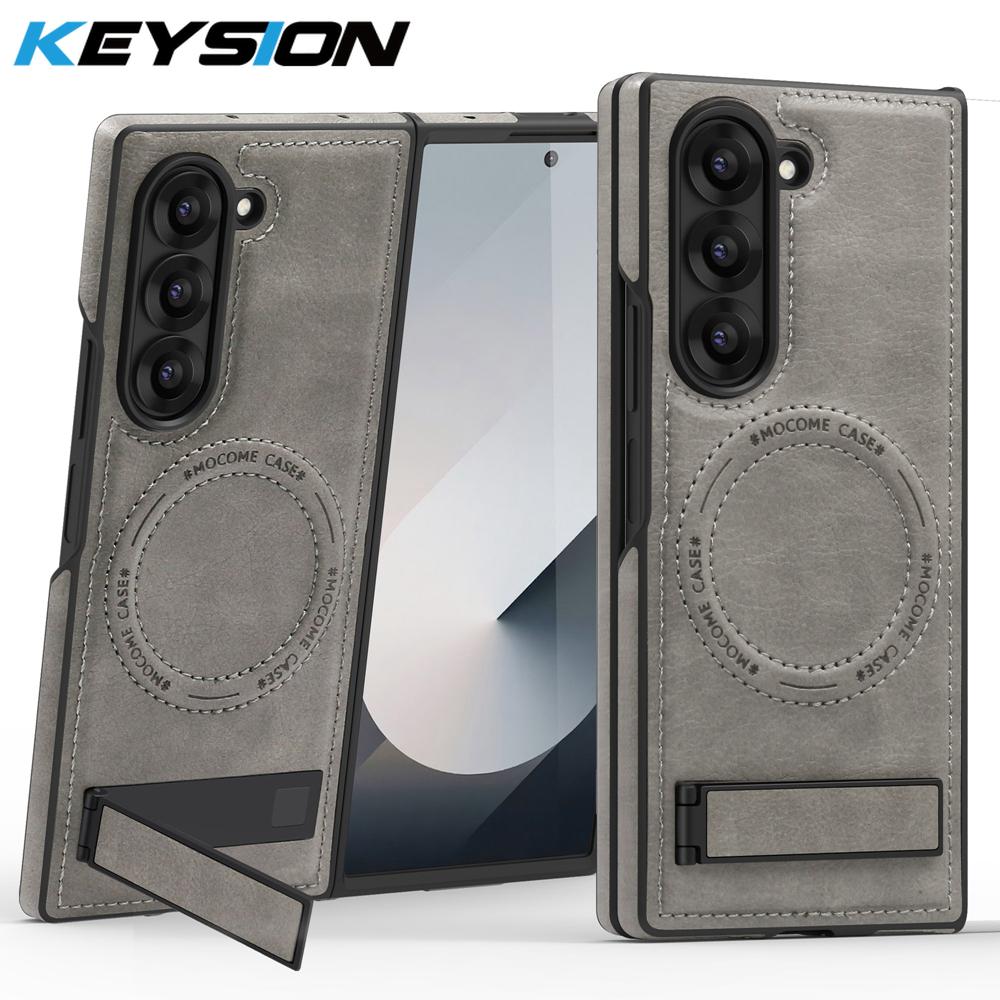KEYSION Luxusní PU kožené magnetické pouzdro pro MagSafe pro Samsung Galaxy Z Fold 6 5 4 3 5G Kickstand Bezdrátové nabíjení Kryt telefonu