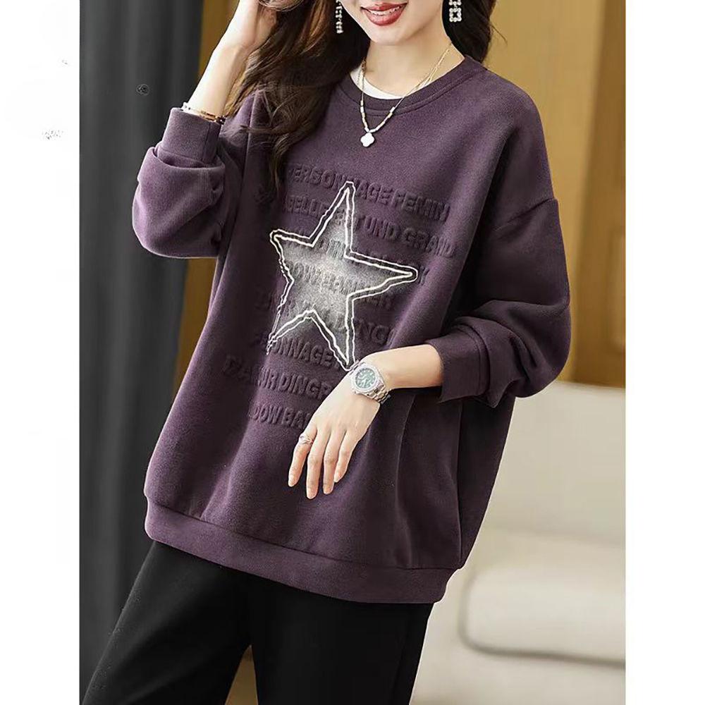 Fashion Women Letter Print Plus Size Star Hoodie Loose Round Neck Sweatshirt for Autumn