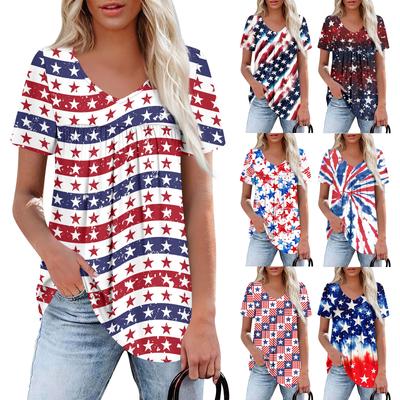 Women's Casual V-Neck Short Sleeve Chest Ruffle Printed Top