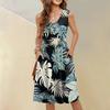 Abito da donna casual alla moda sexy con scollo a V, decorazione a bottoni, senza maniche, da spiaggia stampato, con boutonniere