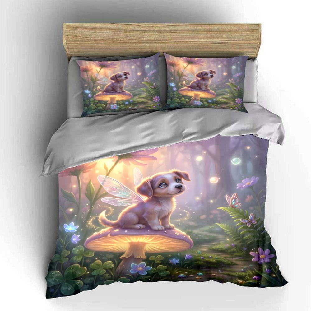 Fairy Dog In Enchanted Forest Printed Duvet Cover Set1 Duvet Cover+2 Pillowcasemulti Size Bedroom Bedding Decor Luxury Gift