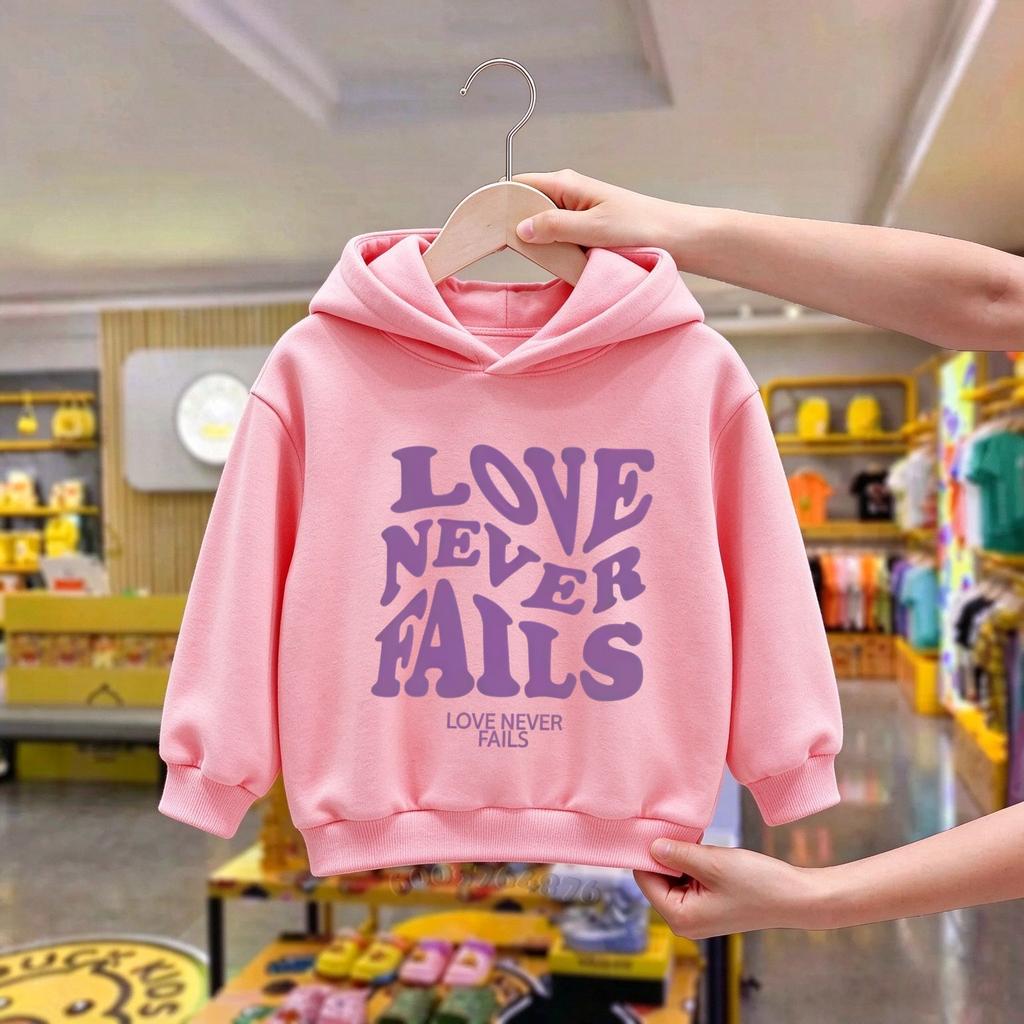 Kids Love Never Fails Letter Print Fleece Hoodie, Warm Breathable Loose Casual Pullover Sweatshirt, Boys Girls Hooded Tops
