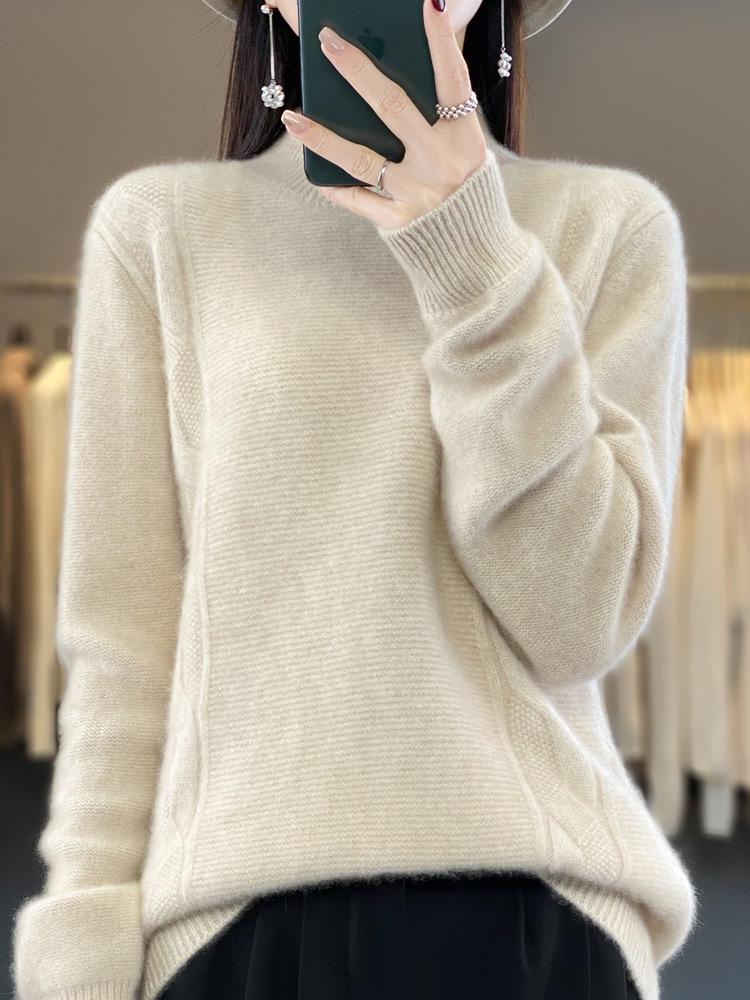 Women's Cable Knit Wool Sweater - Half-High Neck, Loose Fit, Thickened Seven-Stitch Base Layer for Autumn and Winter
