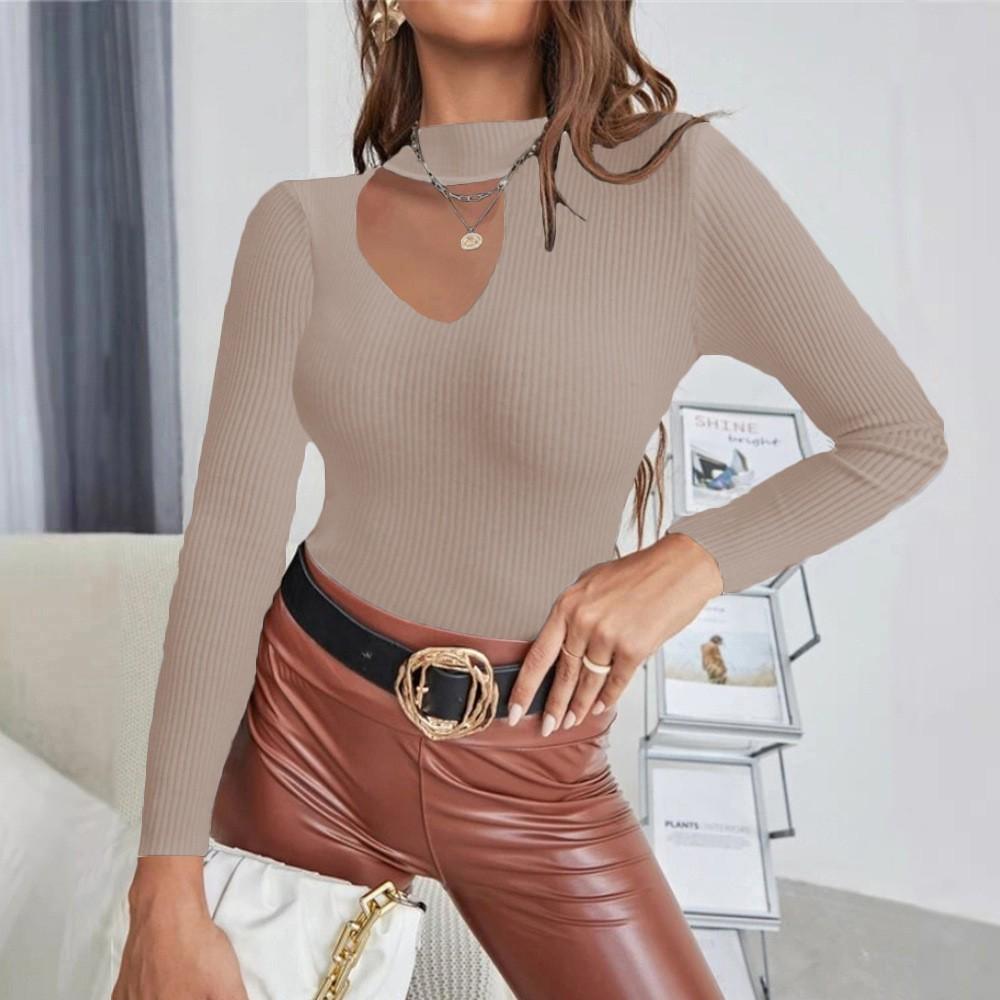 Women's Fashion Casual Solid Color Half High Neck Skeleton Sweater Knit Bottom Shirt Top