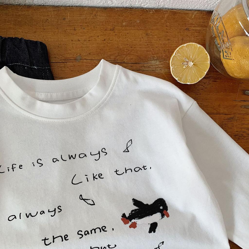 Children'S T-Shirt Spring New Korean Version Of Boys And Girls Letter Penguin Long-Sleeved Top Baby Children'S Clothing