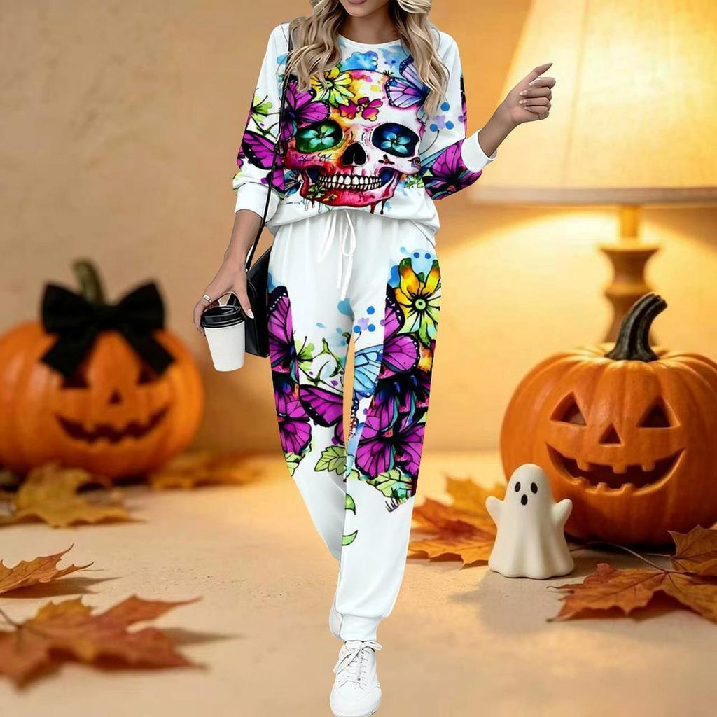 Dámský dvoudílný outfit s halloweenským potiskem, Dlouhý rukáv, Kulatý výstřih, Tepláky s tkaničkou, Ležérní tepláková souprava na jaro a podzim
