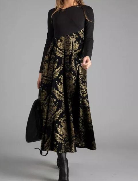 Women Color Block Floral Print Long Sleeve Maxi Dress Casual Loose A Line Long Dress S-XXXL