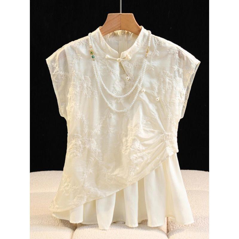 

диагональный ципао с застежками летний ретро роскошный принт воротник-стойка топ без рукавов рубашка женская M (under 50kg recommended) абрикосовый