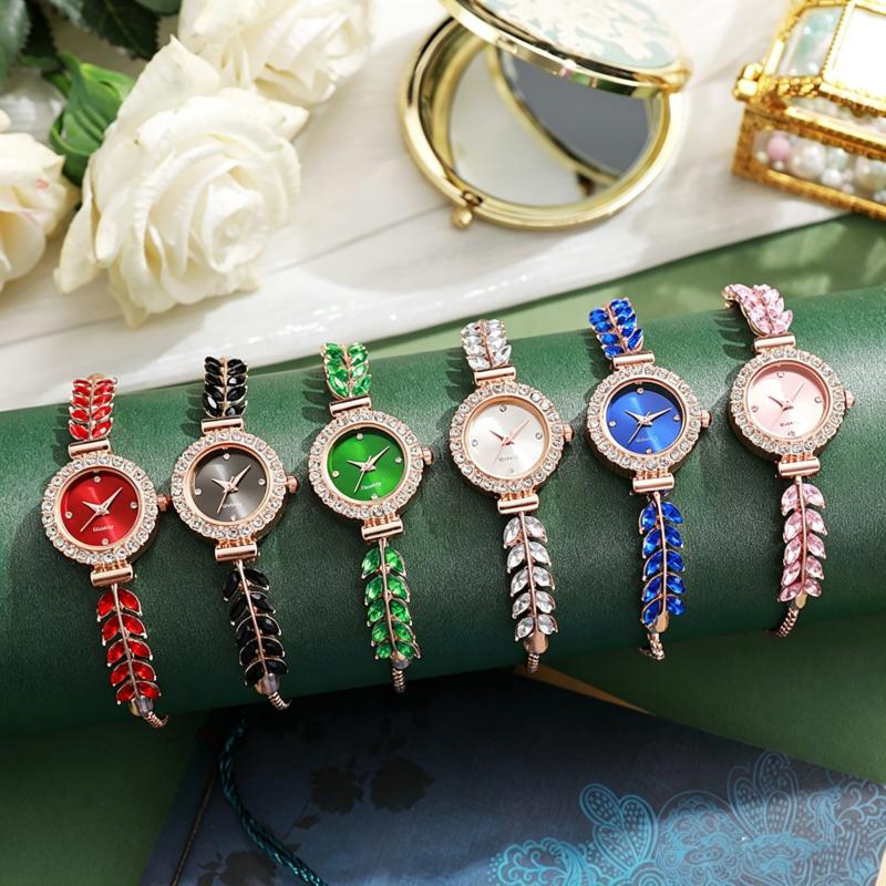 New Fashion Women Quartz Watch Leaf Design Slim Strap Rhinestone Round Dial Pull Adjustable Bracelet Wristwatch
