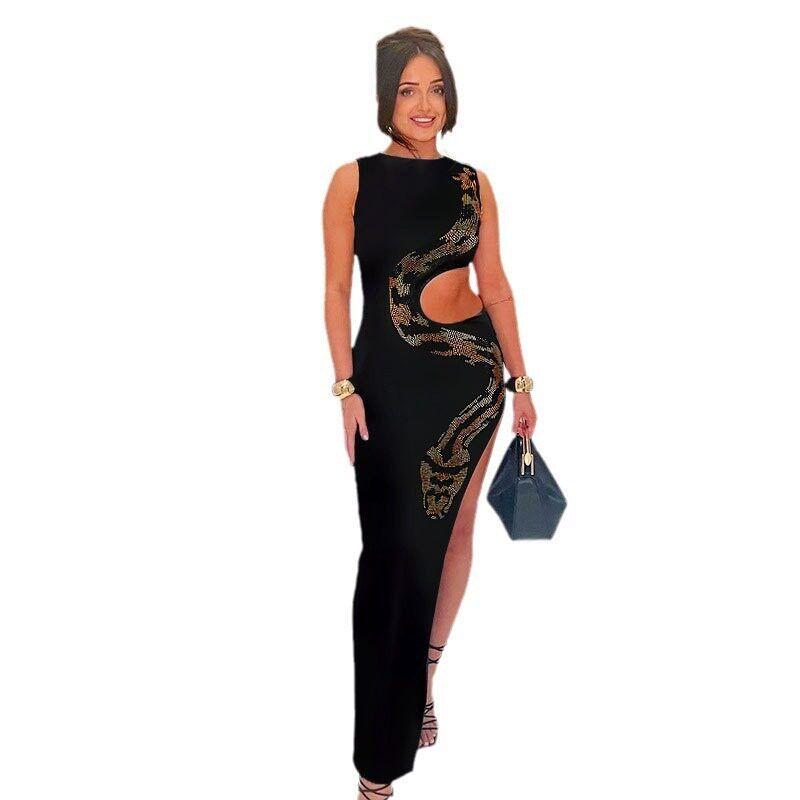 

Plus-Size Dress, Sexy Birthday Party Evening Gown, European and American Style, Hollow-Out Design with Rhinestones, Slit, Bodycon Long Dress Black XL