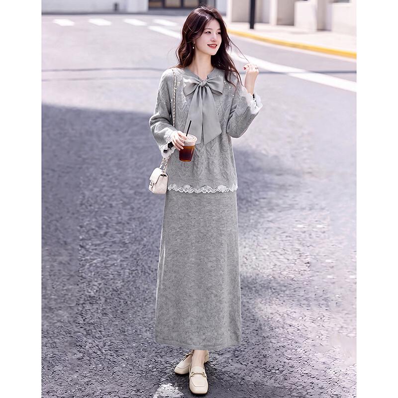 Elegant Bow-Tie Long Sleeve Top and Mid-Length Skirt Set