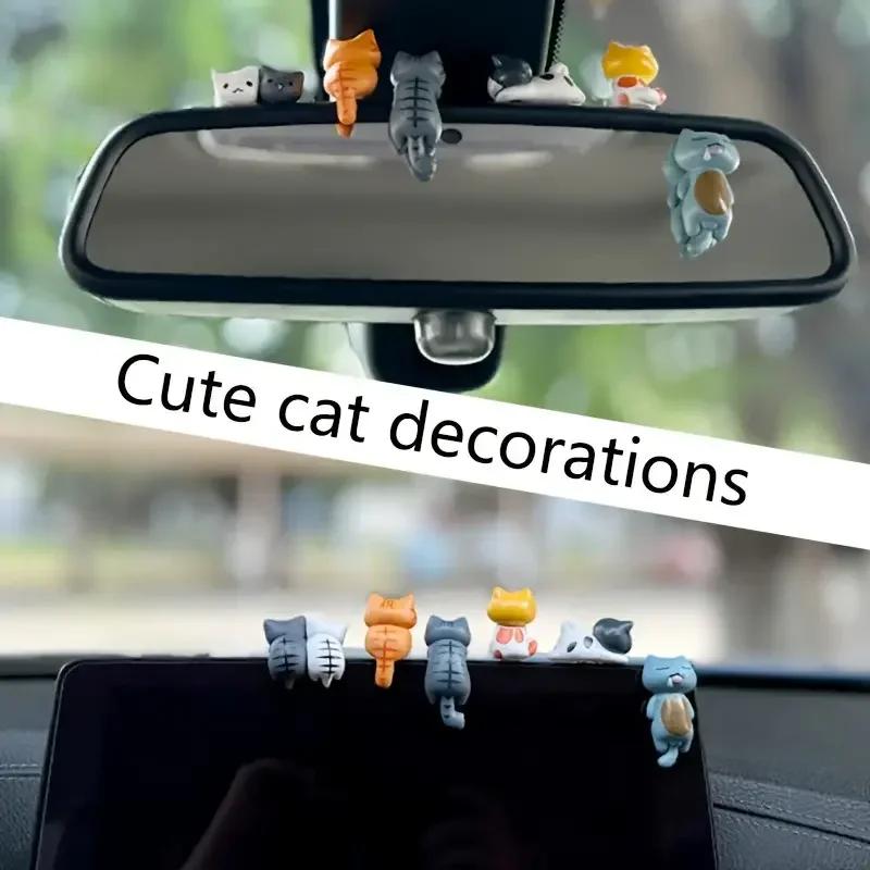 6 Pcs/Set PVC Cartoon Lucky Cat Car Ornament, Center Console Figurine Screen, Cute Decoration, Car Interior Accessories