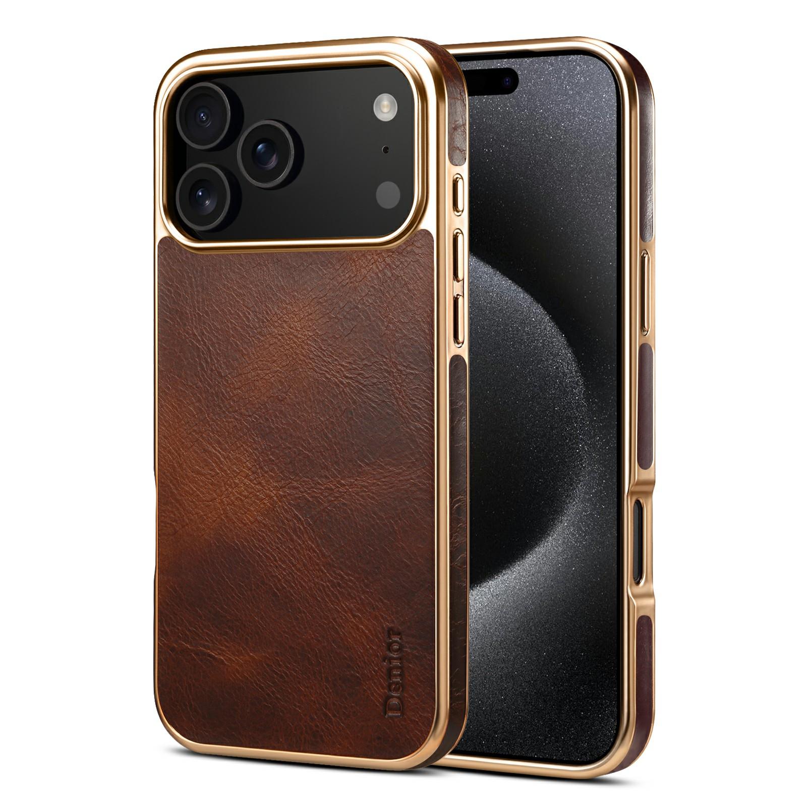 

DENIOR A01 For iPhone 17 Pro Case Waxy Texture Genuine Cow Leather Electroplating Back Cover Brown