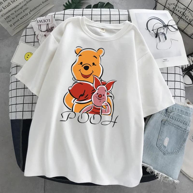 MINISO Winnie Disney Women Men Tshirts Pooh Bear Cartoon Kawaii Tops Fashion Oversized Clothing Short Sleeve Hotselling Top