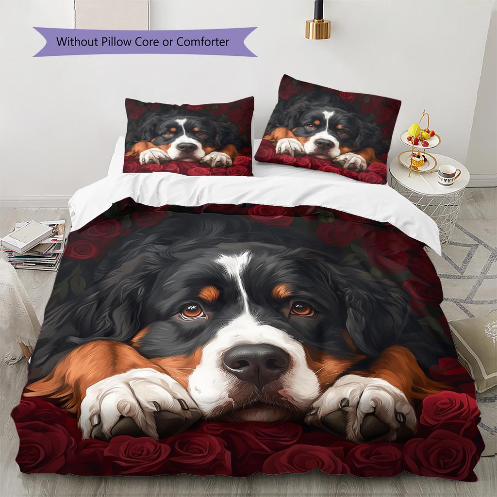 Bernese Mountain Dog and Rose Pattern Bedding Home Decoration Birthday Gift (1 * duvet cover + 2 * pillowcase, without core)