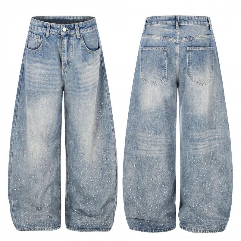 Womens Baggy Wide Leg Jeans Streetwear Distressed Rhinestone Denim Pants Slimming Flared Trousers