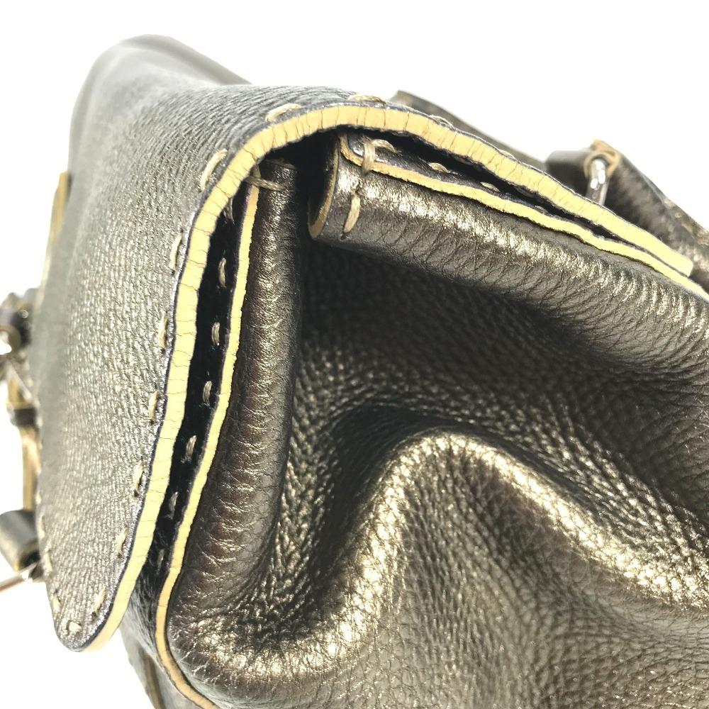 Fendi Selleria Stitch Tote Bag Flap Hand Bag Leather Metallic Gold Based