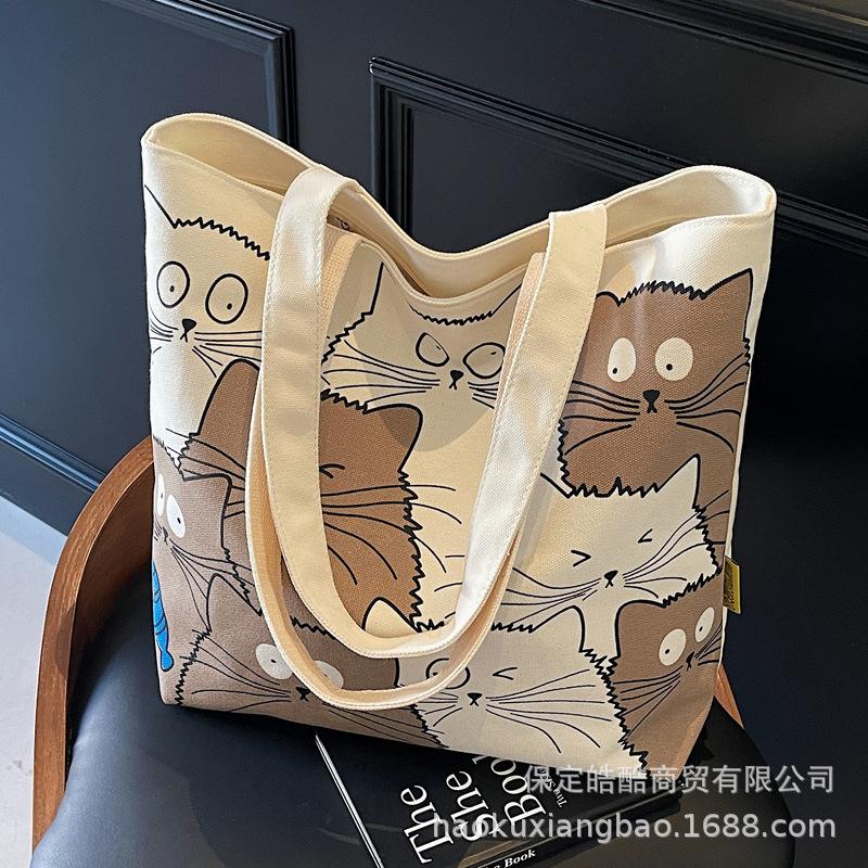 Canvas bag women's 2025 new summer large-capacity bag casual cartoon shoulder bag college student class tote bag