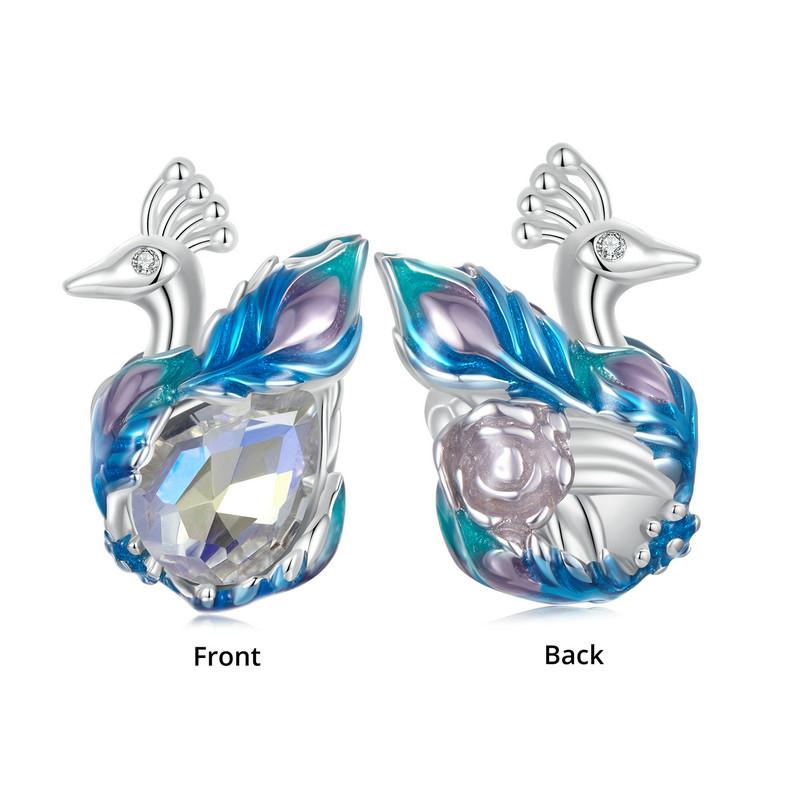 WOSTU 925 Silver Different Side Enamel Hummingbird Charm Heart Glass Bird Body Peacock Beads Fit Original Bracelet Gift