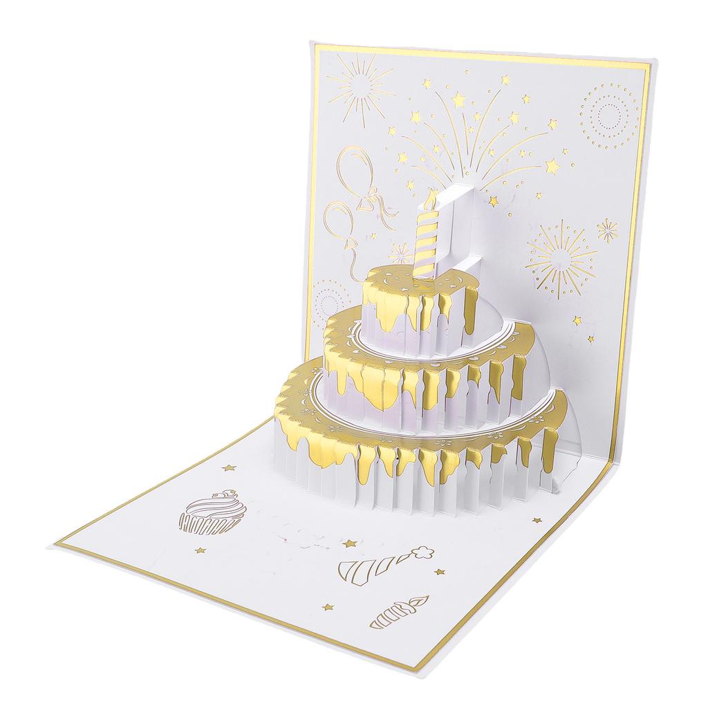 Birthday Card Cake Fireworks Stars Balloons 3D Birthday Greeting Card with Light Music Envelope for DIY Present Gold